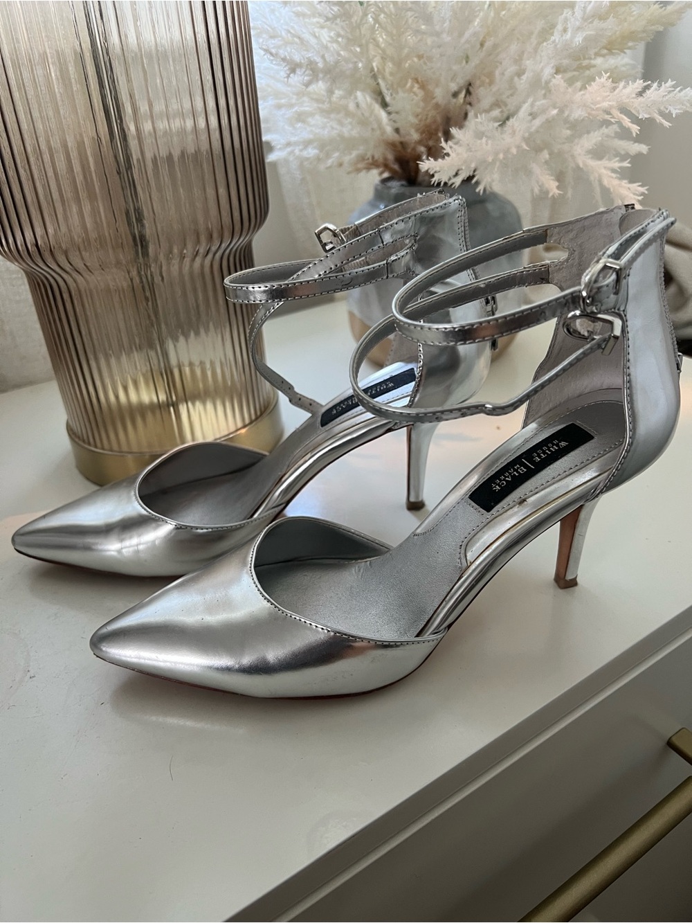 Silver Strappy Pointed-Toe Heels